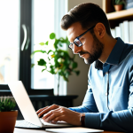A focused male entrepreneur in modest business casual attire, diligently working on a laptop in a cozy, sunlit home office. The desk features notebooks, a growing potted plant, and a strategic mind map. The background is softly blurred, showing shelves with books. The scene conveys dedication, learning, and growth, highlighting the invisible investment of time and energy. safe for work, appropriate content, fully clothed, professional, perfect anatomy, correct proportions, natural pose, well-formed hands, proper finger count, natural body proportions, high-quality professional photography, natural lighting.