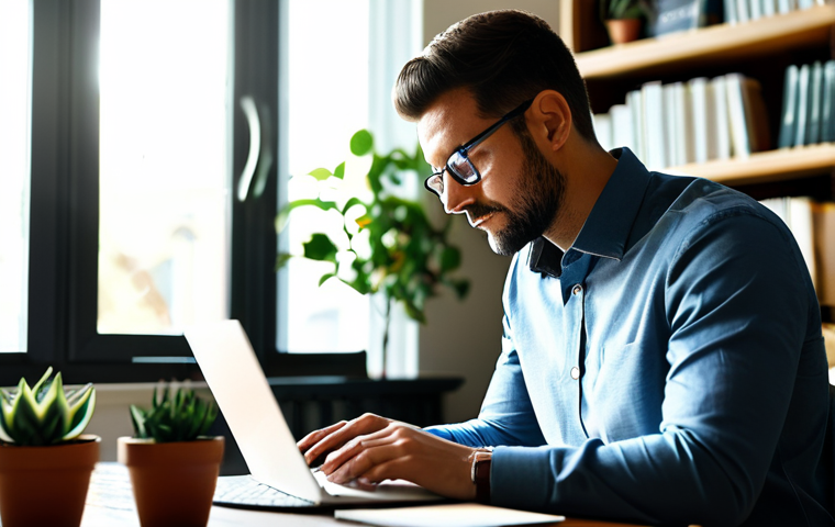 A focused male entrepreneur in modest business casual attire, diligently working on a laptop in a cozy, sunlit home office. The desk features notebooks, a growing potted plant, and a strategic mind map. The background is softly blurred, showing shelves with books. The scene conveys dedication, learning, and growth, highlighting the invisible investment of time and energy. safe for work, appropriate content, fully clothed, professional, perfect anatomy, correct proportions, natural pose, well-formed hands, proper finger count, natural body proportions, high-quality professional photography, natural lighting.