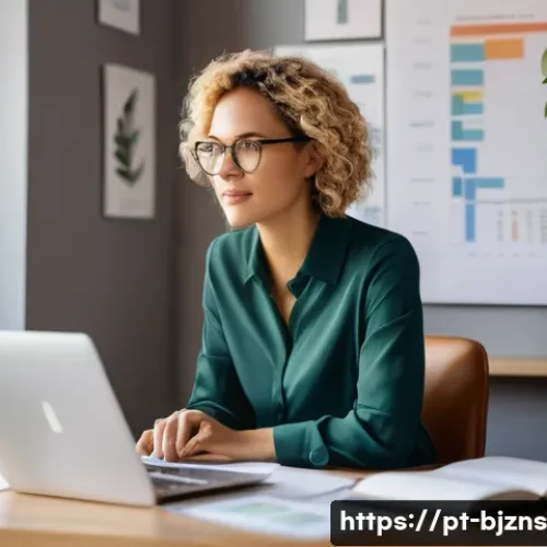 Home 30 로우코스트 비즈니스 모델 최적화를 위한 KPI 설정 - **A focused female entrepreneur in her cozy home office, illuminated by soft morning light.** She is...