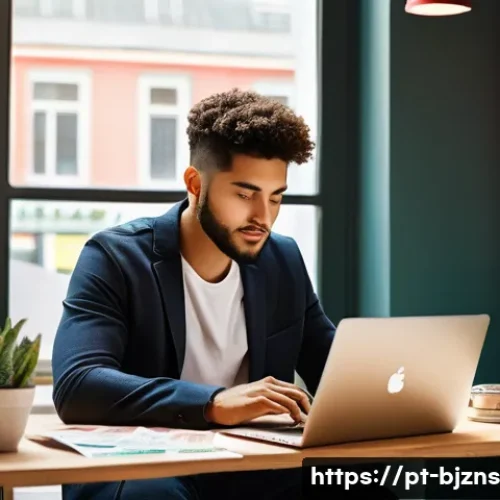 Home 15 로우코스트 비즈니스 모델의 브랜드 가치 구축하기 - A small, cozy office setting showing a young Brazilian entrepreneur working on a laptop surrounded b...