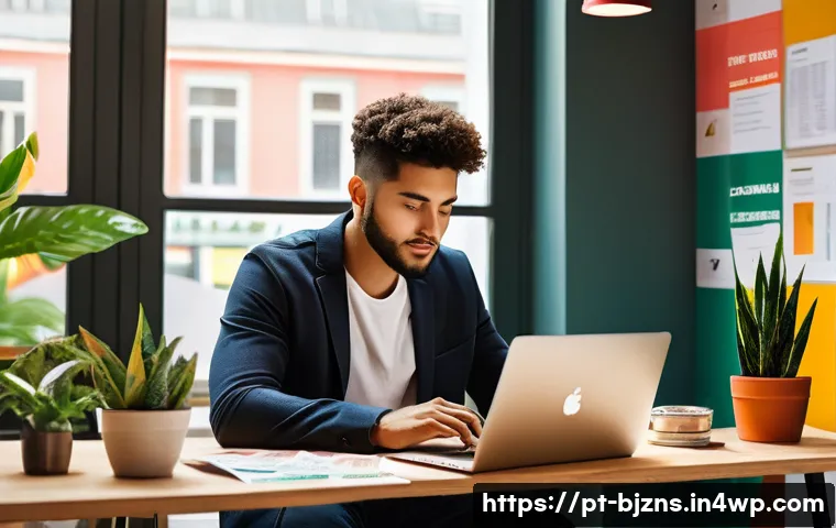 로우코스트 비즈니스 모델의 브랜드 가치 구축하기 - A small, cozy office setting showing a young Brazilian entrepreneur working on a laptop surrounded b...