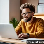 로우코스트 비즈니스 모델에서 고객 확보 전략 - A cozy small business owner in a bright, modern home office, casually dressed in comfortable clothes...