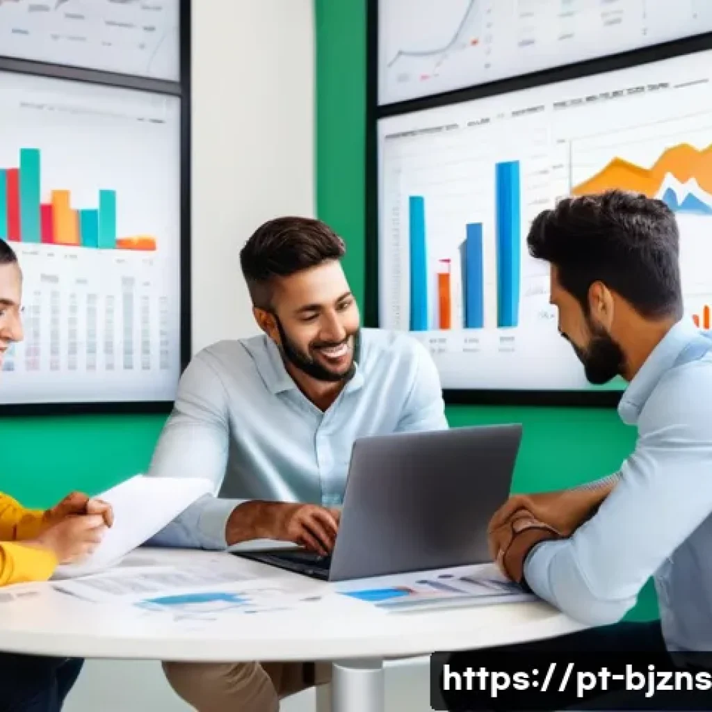 로우코스트 비즈니스 모델의 목표 설정 및 평가 - A modern small business office scene in Brazil, showing a diverse team of young professionals collab...