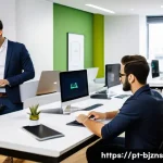 Home 21 로우코스트 비즈니스 모델과 전통적 비즈니스 모델 비교 - A modern startup office scene in São Paulo, Brazil, featuring a small, agile team of young professio...
