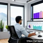 Home 20 로우코스트 비즈니스 모델의 성과 분석 도구 - A modern small business office scene focused on a young Latin American entrepreneur analyzing financ...