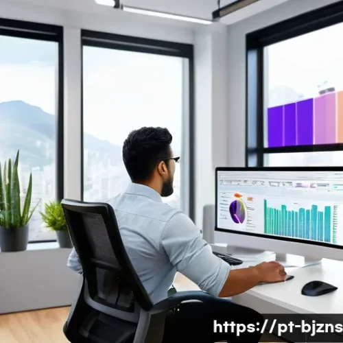 Home 32 로우코스트 비즈니스 모델의 성과 분석 도구 - A modern small business office scene focused on a young Latin American entrepreneur analyzing financ...