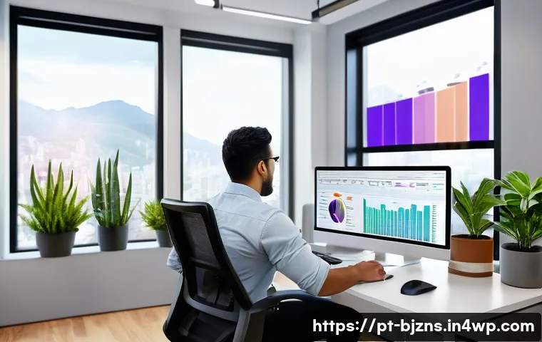 로우코스트 비즈니스 모델의 성과 분석 도구 - A modern small business office scene focused on a young Latin American entrepreneur analyzing financ...