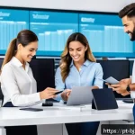 Home 22 로우코스트 비즈니스 모델의 경쟁 우위 확보 방법 - A modern small business office scene in Brazil, showing a diverse team of professionals using automa...