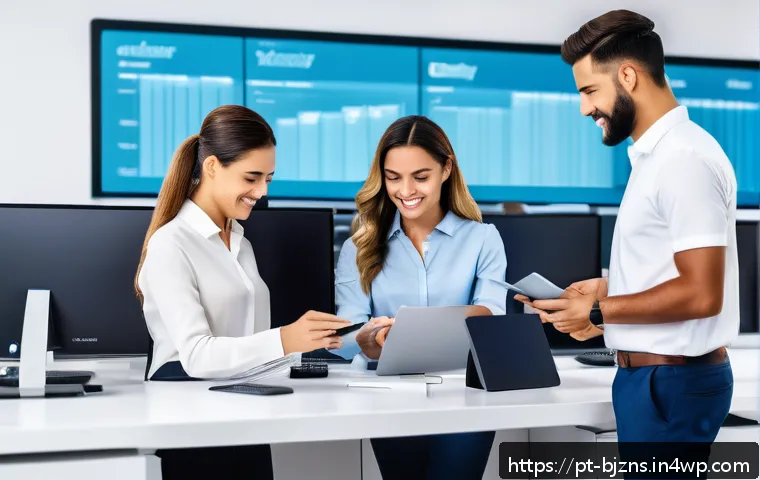 로우코스트 비즈니스 모델의 경쟁 우위 확보 방법 - A modern small business office scene in Brazil, showing a diverse team of professionals using automa...