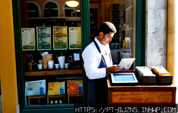 Home 17 로우코스트 비즈니스 모델의 자금 조달 방법 - Photorealistic small business financing scene in Portugal, a determined café owner in modest profess...